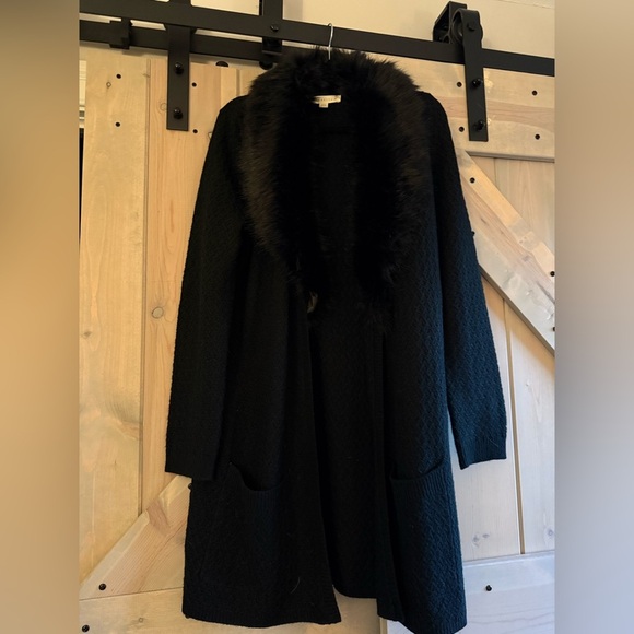 NWOT Lovestitch Black Faux Fur Trim Coatigan - Picture 10 of 14